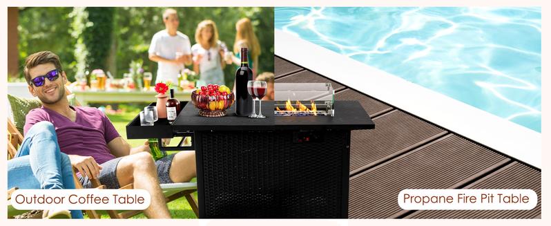 【Costway】-Outdoor Pit Table w/Lid, Waterproof Cover, Tempered Glass Wind Guard & Blue Fire Stone w/Storage Shelf for Courtyard Balcony Garden Terrace 【Costway】-Outdoor Pit Table w/Lid, Waterproof Cover, Tempered Glass Wind Guard & Blue Fire Stone w/Storage Shelf for Courtyard Balcony Garden Terrace