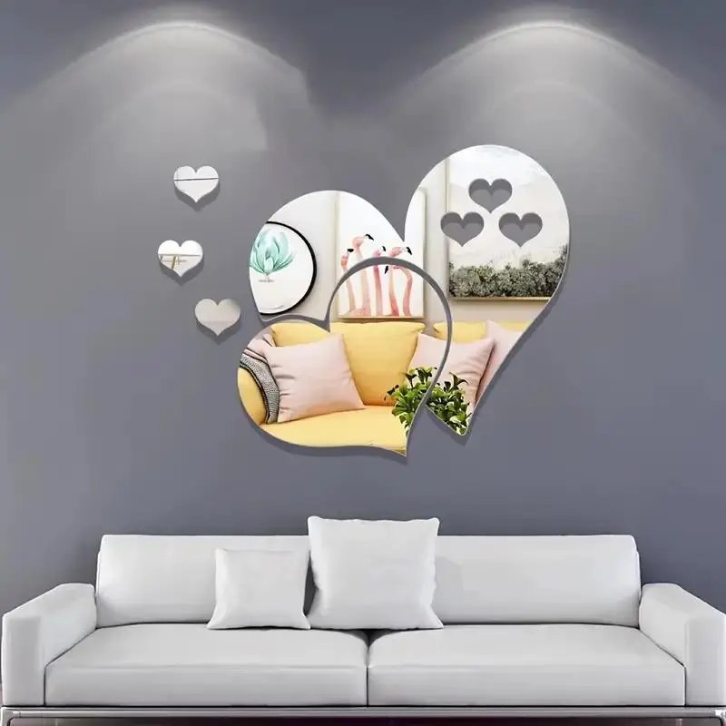 5pcs silver/gold/black heart shaped PS plastic Decorative mirror wall, home hanging decoration hanging, Wall Decal, Decoration Sticker, for fashionable interiors, holiday gifts, Room Decor, Wall Stickers