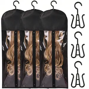 3Pcs Wig Storage Bags with Hanger Dustproof Cover for 28in/26in/24in Wigs Accessories Breathable Easy Carry Black