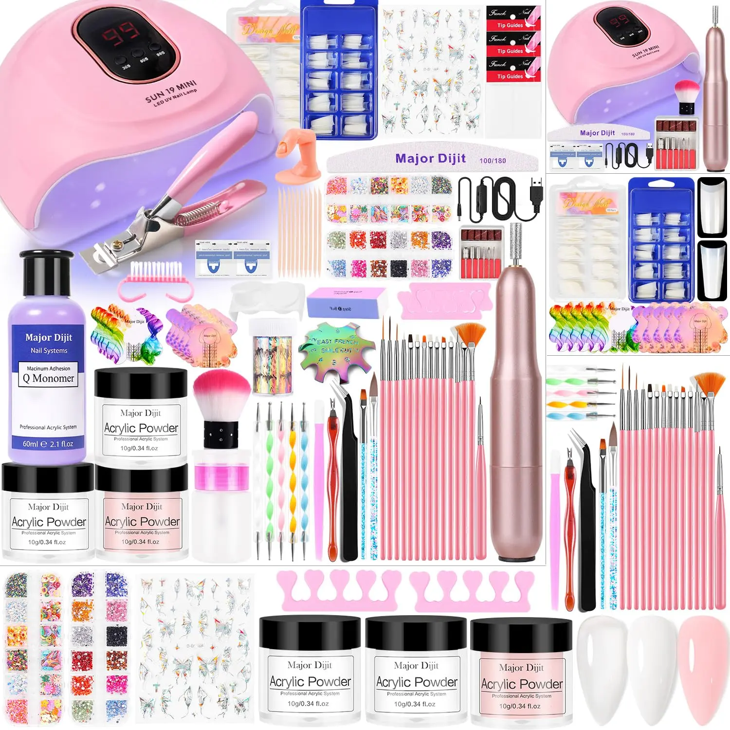 Acrylic Nail Kit Starter Set for Beginners with UV Light & Electric Drill, Professional Manicure Tools for Nail Art with 3 Powder Colors (Clear/White/Nude)