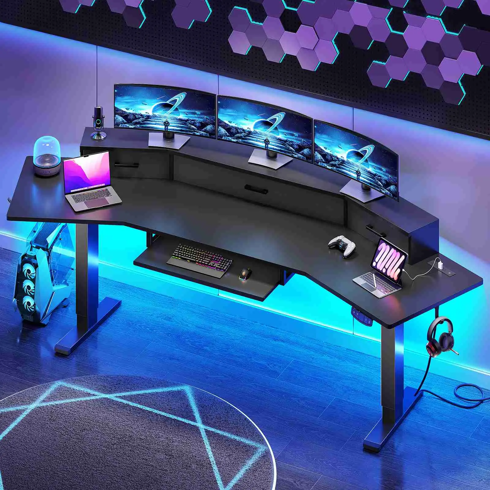 Sedeta 78-Inch Ergonomic Industrial Wood-Metal Electric Height-Adjust Gaming Computer Desk, 3-Piece Setup Supports 3 Pcs, with Drawers, RGB LED Lights, Power Strip, Keyboard Tray, Monitor Riser, Multiple Colors