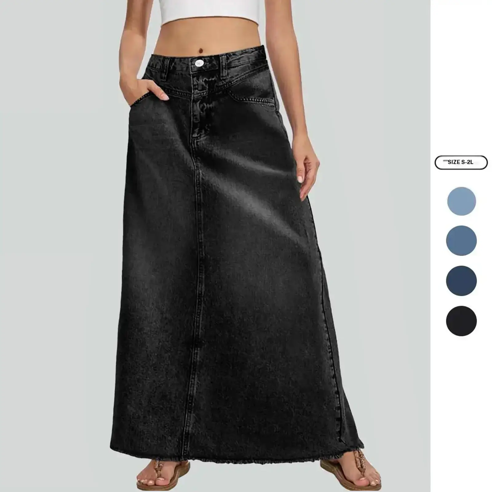 Imily Bela Women's Vintage High Waist A Line Denim Maxi Skirt, Casual Frayed Hem Jean Skirt with Pockets