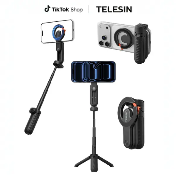TELESIN Magnetic Mini Selfie Stick Tripod with Phone Camera Grip, 4 in 1 Cell Phone Stand with Detachable Shutter Button for iPhone 17 16 Pro Max & Android, Pocket Size Phone Tripods with Carabiner