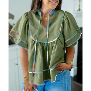 Women's Chic Basic Collared V-Neck Short-Sleeve Lantern-Sleeve Peplum Blouse - Minimalist Casual Summer, Fitted, Loose, Flowy Top, Shortsleeve
