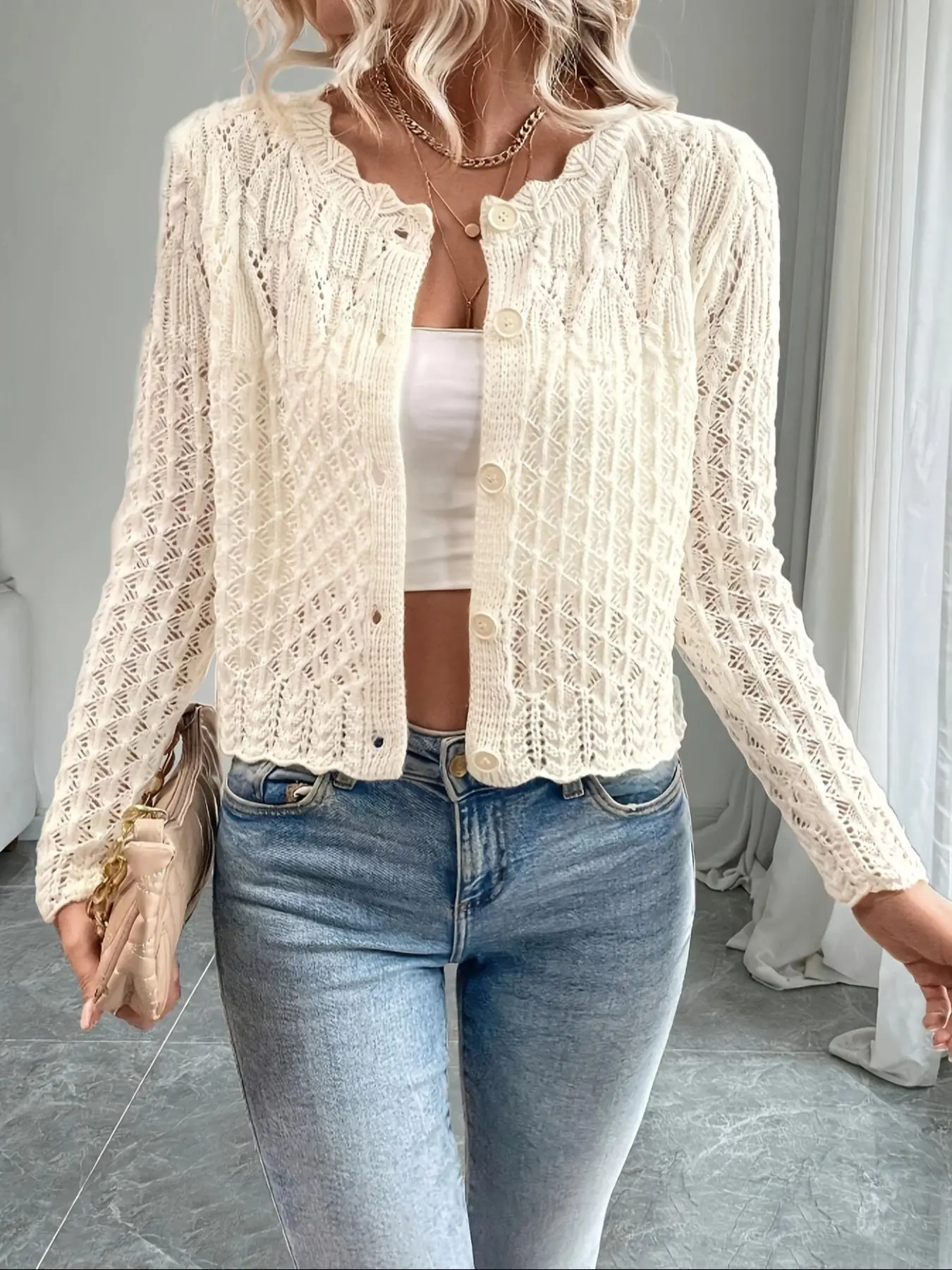 Women's Cardigan, Casual Basic Long Sleeve Cardigan for Spring & Fall, Summer, Women's Knit Clothing for Daily Wear, Tops, Style, Knitwear
