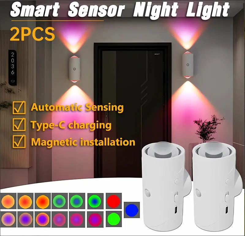 Dual Side Glow Motion Sensor Night Light | RGB Gradient Sunset Wall Lamp, Type-C Rechargeable Magnetic Stick Anywhere Light, Auto Activated for Hallway, Closet, Bedroom & Holiday Accent Decor