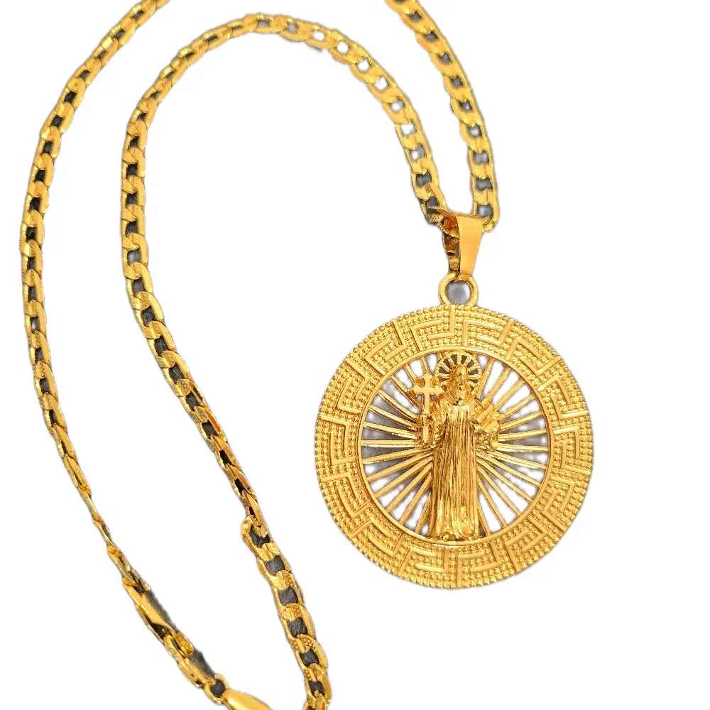 San Benito Medall Cuban Chain Necklace Goldplated 24" - Elegant Gold Color Chain with Medallion Pendant