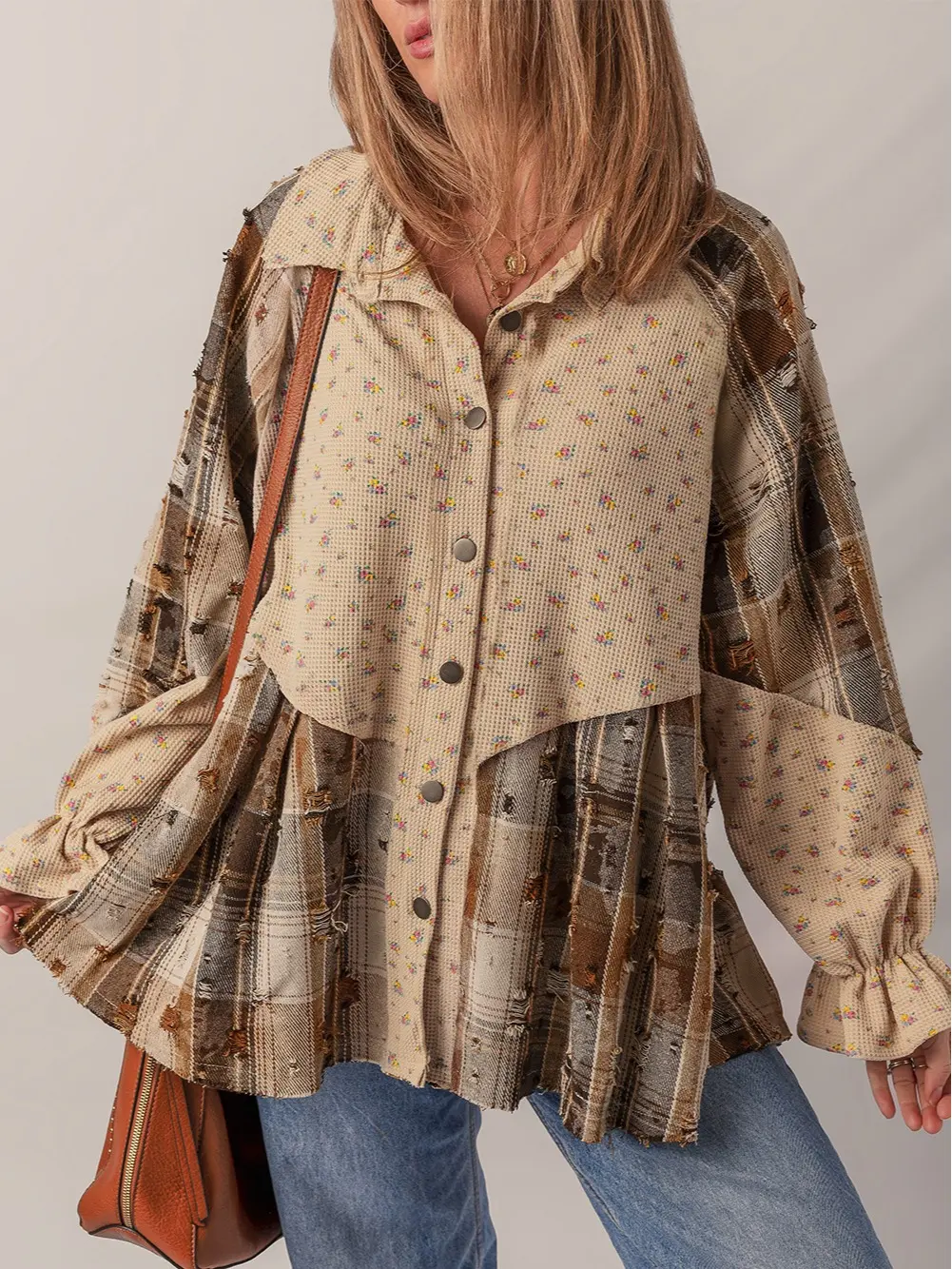 Oatmeal Boho Floral Plaid Patchwork Distressed Detail Ruffled Sleeve Waffle Knit Shacket, Women's Casual Fall Jackets, Relaxed Fit Vintage Outerwear, Cute Preppy Waffle Knit Tops, Everyday Plaid Apparel
