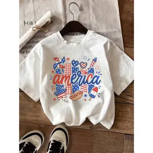 Girls T Shirt 4Th of July America Patriotic Design with Stars Stripes Hotdog And Ice Cream 250Th Anniversary of USA Funny Printing T Shirt Best Gift for Girls Breathable 100% Graphic Tee Short Sleeved Perfect for Summer Outfit