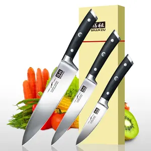 SHAN ZU  Chef Knife Set (3-Piece) — Featuring a Sharp 8-Inch Chef's Knife, 6-Inch Utility Knife, and 3.75-Inch Paring Knife, with Ergonomic Wooden Handles — A Perfect Gift for Men and Women. Blade knives for men