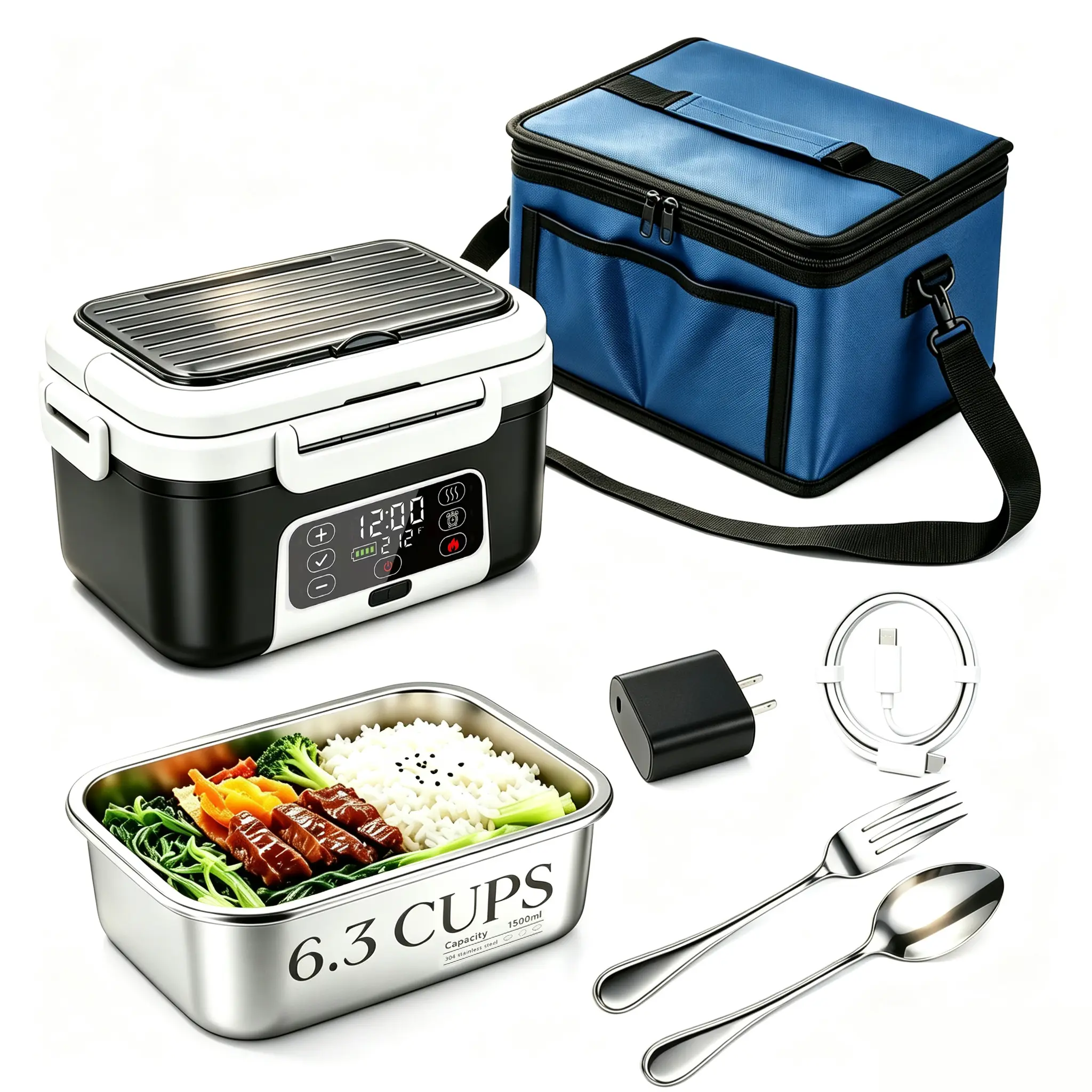 1.5L Cordless Electric Lunch Box - 20000mAh Rechargeable Battery, Smart Timer Auto Heating, BPA-Free Portable Food Warmer for Truck, Office, Camping