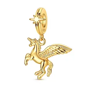 MULA Winged Pegasus Dangle Charm, 14K Gold Plated 925 Sterling Silver, Star Bail Design, Pandora Compatible, Magical Fairy Tale Jewelry Gift for Women & Teen Girls