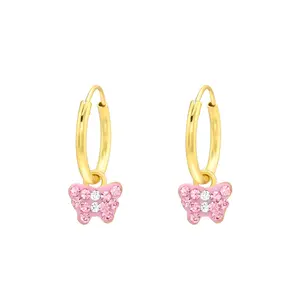 Hanging Butterfly 925 Silver Hoop Earrings Gold Plated with Crystals