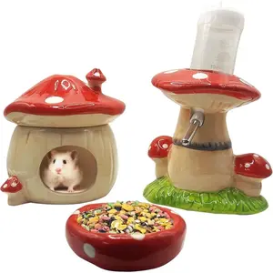 Mushroom Ceramic Hamster Hideout with Water Bottle, Stand & Food Bowl - Adorable Golden Bear Furniture for Cozy Sleep & Play