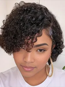 Curly Wave 13x1 T Part Transparent Lace Wig Deep Wave Wig Pixie Cut Human Hair Wig for Women 150% Density 6 Inch