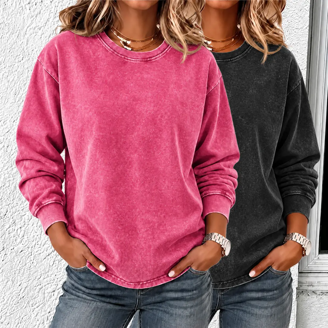 【2-Pack】Women’s Pure Cotton Vintage Wash Sweatshirts, Soft Long Sleeves, Loose Casual Pullover Tops — Women’s everyday street-style basic pieces.Lightweight solid-color sporty layered set