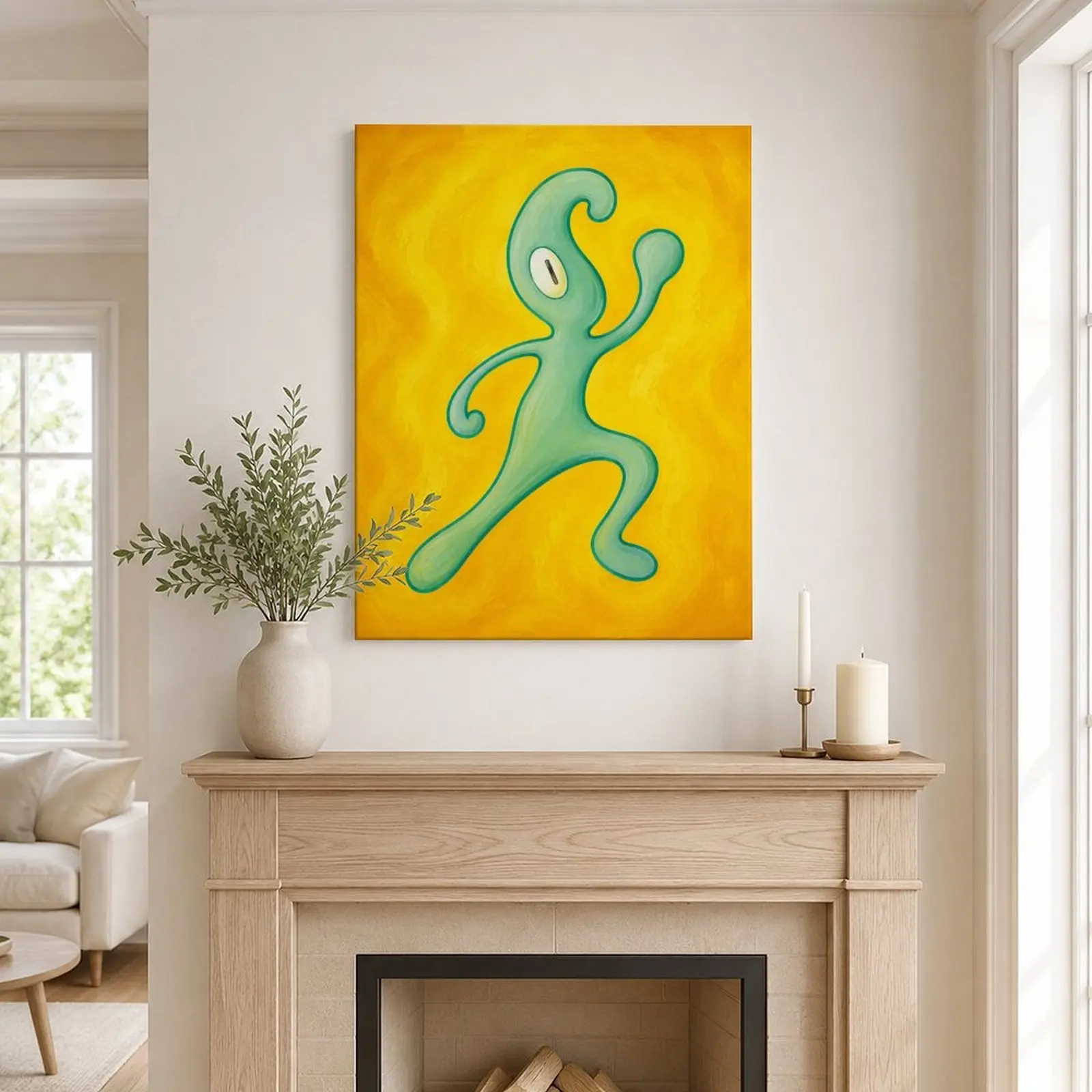 Abstract Green Cartoon Character Canvas Wall Art, Yellow Dopamine Style Poster, Funny Alien Inspired Art Print, Playful Room Decor for Bedroom, Living Room, Game Room, Dorm, Studio