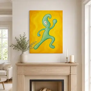 Abstract Green Cartoon Character Canvas Wall Art, Yellow Dopamine Style Poster, Funny Alien Inspired Art Print, Playful Room Decor for Bedroom, Living Room, Game Room, Dorm, Studio