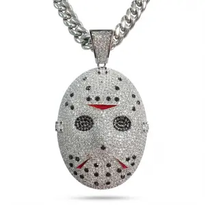 ①⑧Iced Out Jason Voorhees Mask Cuban Link Chain - Black & White CZ Stones - Stainless Steel Hip Hop Necklace for Fans