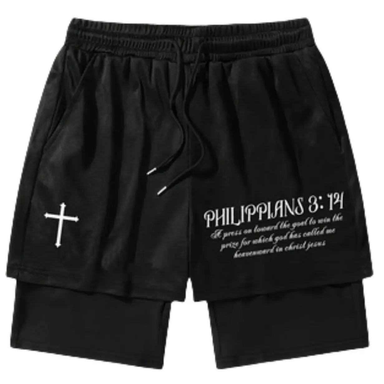 PHILIPPIANS 3:14 Cross 2-in-1 Athletic Shorts Black Unisex Sports Double-Layered Inner Shorts Drawstring Design Men Women Basketball Shorts Pocket