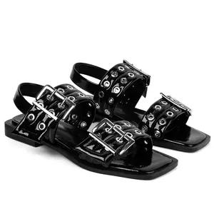 Women Sandals Slingback Squared Head Ankle Strap Wide Buckle Casual Goth Ballet Flats Low Chunky Heel Heels