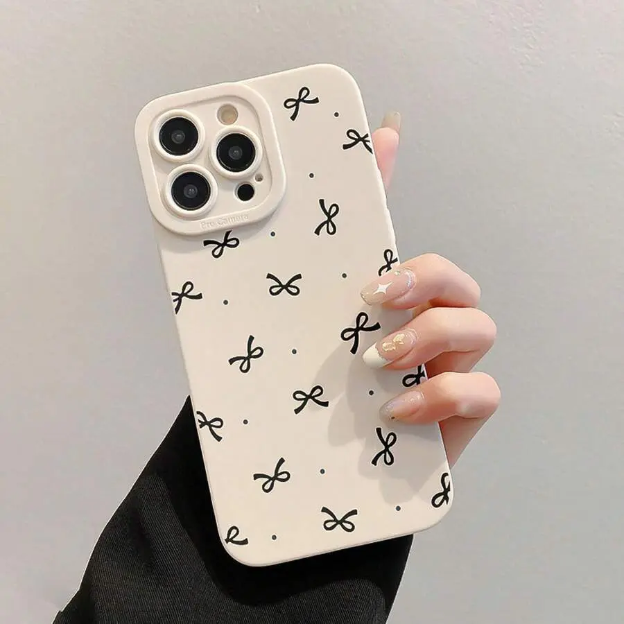 Beige Bow Shockproof Painted Protective Smartphone Case - Cellphone Accessory for iPhone 11/12/13/14/15/16/17, 15-17 Pro/Pro Max, 16 Plus - Fashionable Couple Gift, GIF-FOR-YOU, Iphone 17