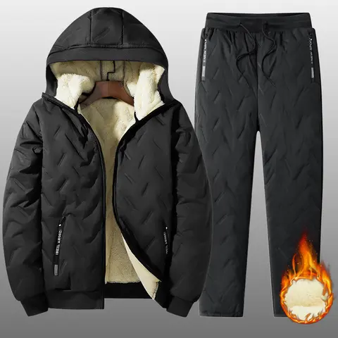Men's 2-Piece Plain Knitted Fleece Thick Hooded Sweatsuit Set Outfit - Long Sleeve, Multi-Pocket, Casual, Stylish Men's Hoodies & Pants for Daily Commute, Outdoor Skiing, Work-to-Outdoor Warm Protection