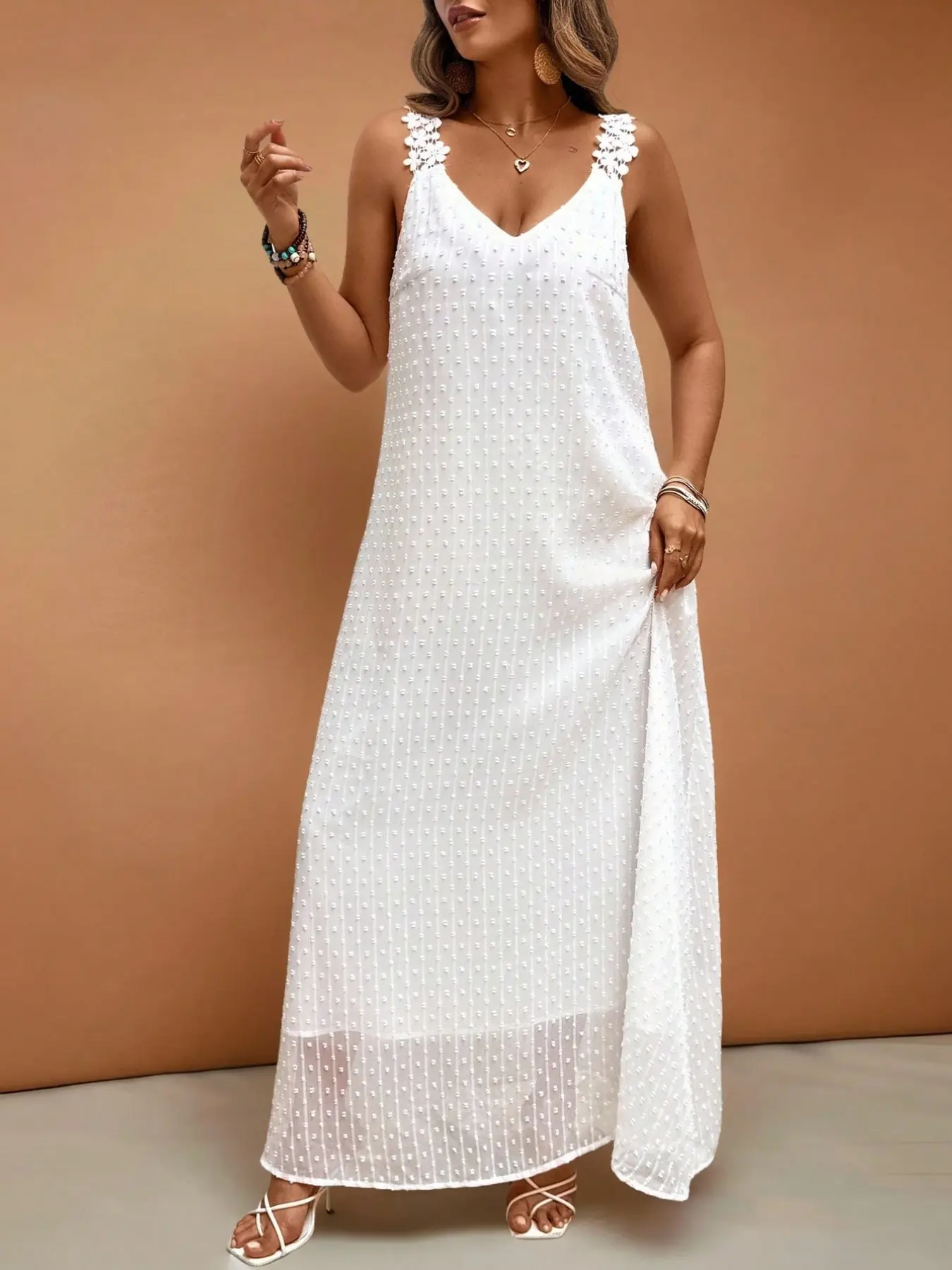 Plus Size Women's Embroidered Strap Long Sleeveless Dress, Loose Fit Lace  Shoulder Straps, European Style Summer Vacation Dress, Casual Wear, Beach,  Date, Wedding Guest - TikTok Shop