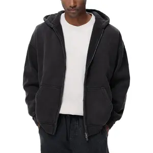 Womens Fleece Double Zip Up Hoodies Oversized Acid Wash Vintage Heavyweight Sweatshirt Hooded Jacket