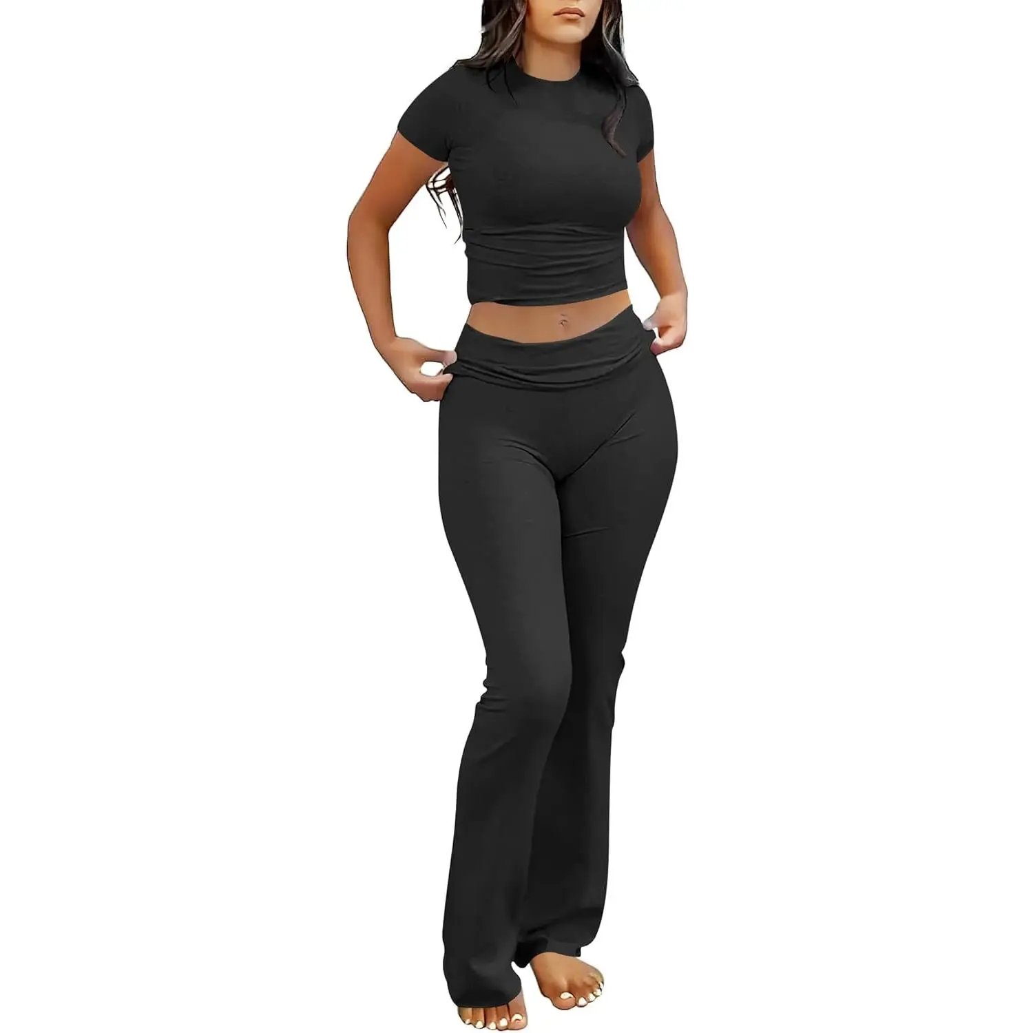 Women's 2-Piece Athleisure Street Fit Lounge Set, Foldover Yoga Flare Pants & Crop Top, Y2K Casual Sweatsuit Set Outfit, Yoga Wear Matching Tracksuit