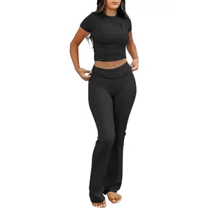 Women's 2-Piece Athleisure Street Fit Lounge Set, Foldover Yoga Flare Pants & Crop Top, Y2K Casual Sweatsuit Set Outfit, Yoga Wear Matching Tracksuit