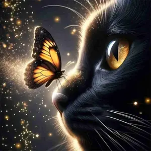 Mystic Black Cat with Monarch Butterfly 5D Full Drill Diamond Painting Kit – Enchanted Fantasy Design with Shimmering Black & Gold Accents – Magical Pet Art DIY Wall Decor – Ideal Handmade Gifts for Cat Lovers & Craft Enthusiasts – Handcraft