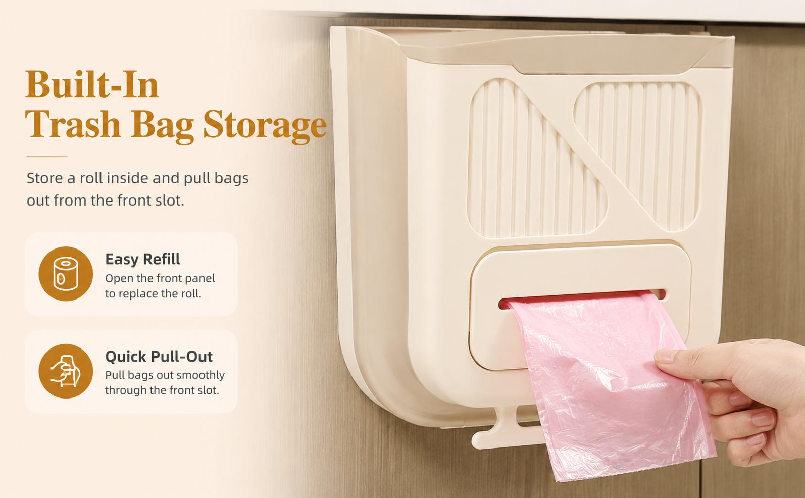 Foldable Wall-Mounted Kitchen Trash Can, Hanging Garbage Bin for Cabinets, Space-Saving Kitchen Accessory, No-Install Household Trash Can for Kitchen Large Capacity Tilt Out