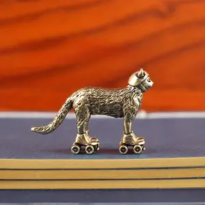 Vintage Brass Snowboarding Cat Figurine, Animal Design, Home Decor Table Ornament, Tea Pet Craft Gift, Retro Style Desktop Decoration