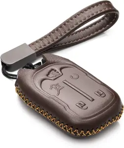 Genuine Leather Smart Key Fob Case with Leather Strap Compatible for GMC ACADIA, GMC TERRAIN (2017-2023 Models) - 5-Button, Brown