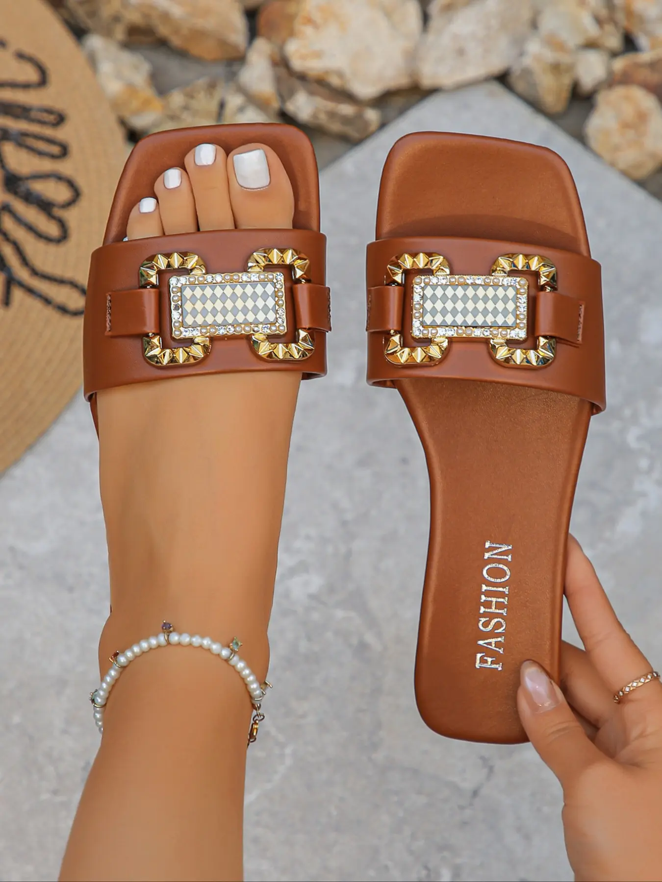 Women's 2026 Hot Trending Checkerboard Rhinestone Metal Buckle Slide Sandals, Square Toe Flat Slides, Elegant All-match Footwear for Summer Beach Vacation, Daily Wear & Street Style, Fashion Slide Sandals, Flat Sandals, Casual Sandals for Women & Girls