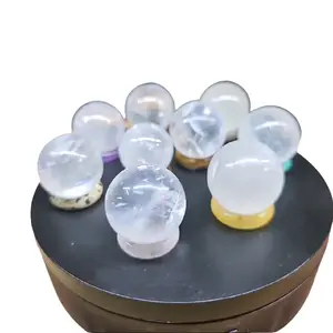Natural Calcite Crystal Spheres, 9-Piece Translucent Orb Set (28-31mm) with Ocean Jasper Stands, Versatile All Seasons Home Ornament