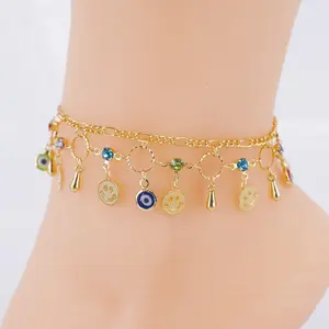 18-Carat Layered Real Gold-Plated Smiley Face Evil Eyes Anklet, Stackable Gold Bracelet #26, Stackable Bracelet