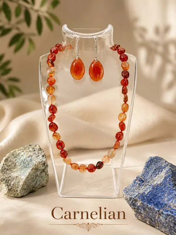 natural Carnelian crystal tumbled necklace and earring set