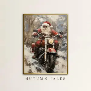 Santa Claus on Motorcycle – Winter Forest Snow Landscape Print, Fun Christmas Wall Art, Unframed | 5 size, 8x12 to 27x40 inch