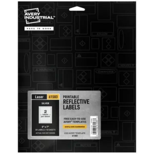 Avery AVE61583 Heavy Duty High Vis Reflective Safety Sign Labels - 5" x 7" Polyester, Self-Adhesive, Scratch Resistant, Laser Printer Compatible, Indoor Use, Long-Range Bar Code Support, Lasts Up to 2 Years, Free Online Templates, Improves Visibility