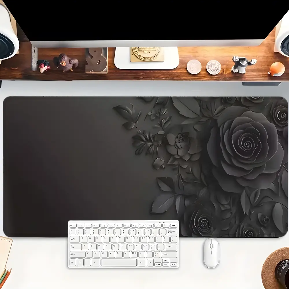 Black Rose Gaming Mouse Pad Floral Black Computer Desk Mat Office Desk Accessories, Gaming Desk Accessory, With Stitched Edge Non-Slip Rubber Base 35.4x15.7 Inch Table Mat for Home Office Gift for Friends, Desk Gadgets