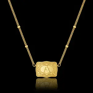Zhilan 18K Real Gold-Plated Necklace Western Western Jewelry Handmade Belt Buckle 26-letter Initial Necklace  Gold Silver Pendant Adjustable 20 Inch Chain Gift for Men Women Christmas New Year Gift