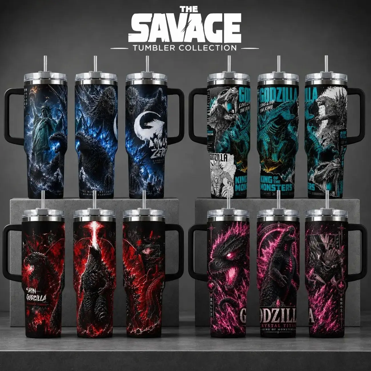 Godzilla King of the Monsters Kaiju Printed Stainless Steel Insulated Water Bottle Tumbler, Blue-Black Reusable Cup with Silicone Straw Lid, 20oz/40oz Sizes + 40oz Handle Option, Bottles, Water Bottles