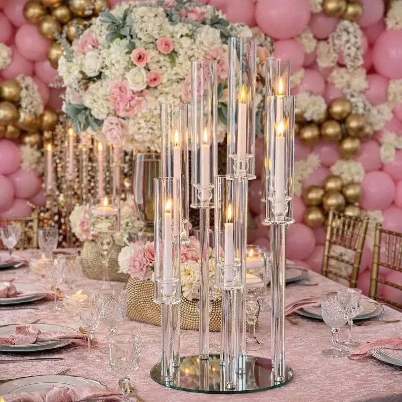 Crystal Glass 8-Arm Candelabra – 36 Inch Tall Wedding Centerpiece, Elegant Table Decor