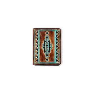 Men's Durable Bi-Fold Western Wallet, Genuine Leather Southwest Embossed Flipcase with Turquoise Trim (A3560102), Western Wallets, Genuine Leather Wallet