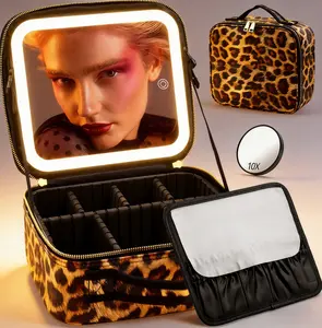 Leopard Print Tan Glow-In-Bag Makeup Organizer with 10X Magnifying Mirror 3-Color Adjustable Brightness 2000mAh Rechargeable Portable Dresser for Women Large Capacity Waterproof Vintage Vanity Divider