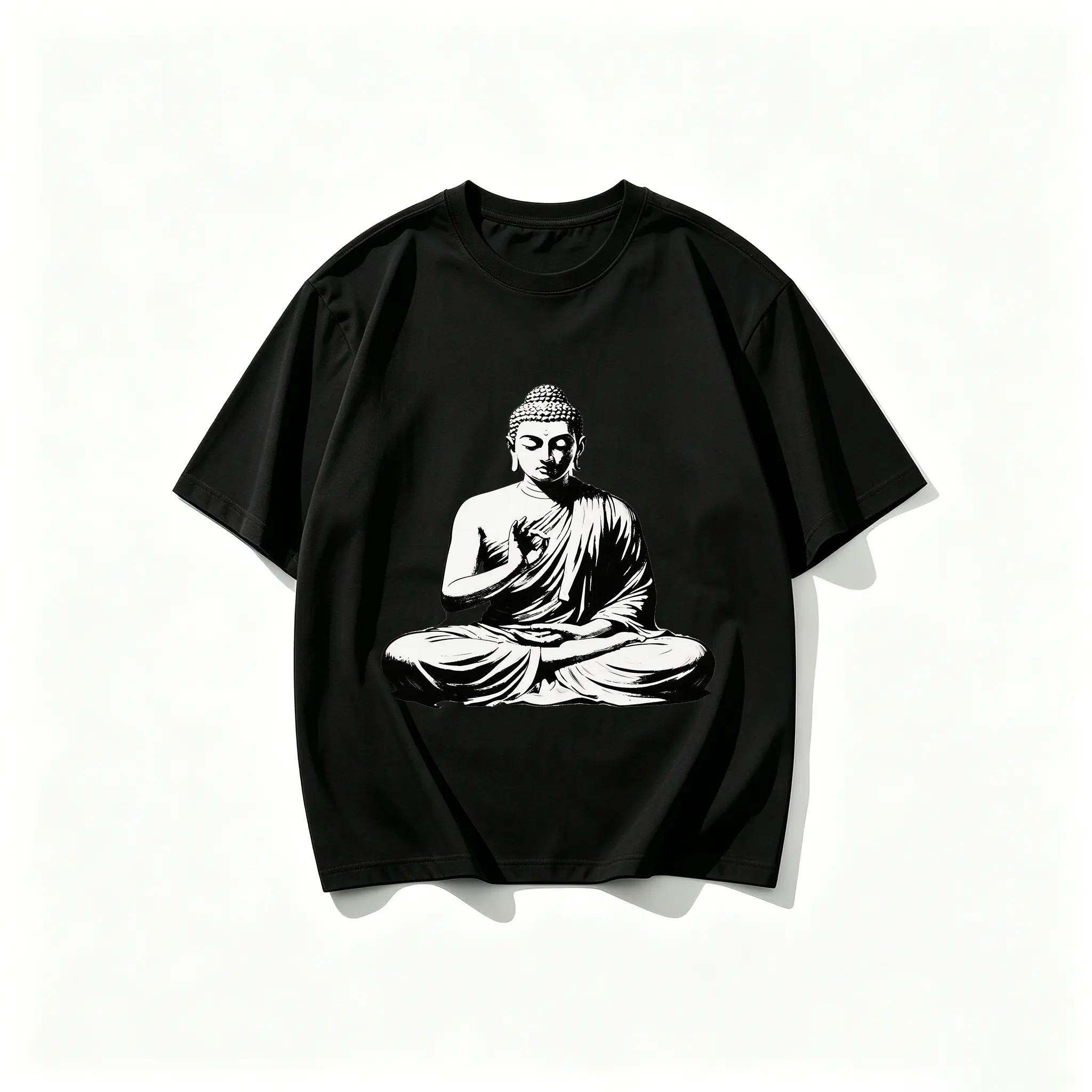 Vintage retro Buddha meditation spiritual art graphic T-shirt, zen peaceful design, 100% premium cotton, soft and breathable, casual everyday outdoor streetwear short-sleeve tee for men, women, unisex, black