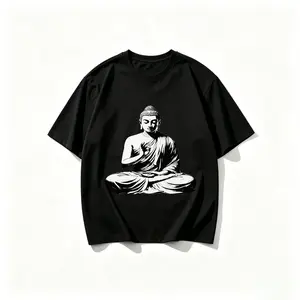 Vintage retro Buddha meditation spiritual art graphic T-shirt, zen peaceful design, 100% premium cotton, soft and breathable, casual everyday outdoor streetwear short-sleeve tee for men, women, unisex, black