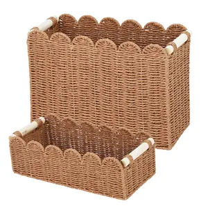 Garvee 2-Pack Scalloped Wicker Baskets for Organizing, Woven Paper Rope Storage Bins with Handles, Toilet Paper Basket Decorative for Countertop, Shelf, Bathroom, Tank Top